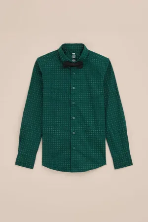 WE Fashion – Jongens overhemd met afneembare vlinderdas – Regular fit – Donkergroen – Katoen –