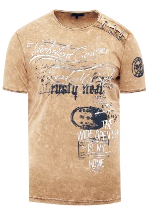 Olie-gewassen T-shirt met knoopjes aan de zijkant en prints