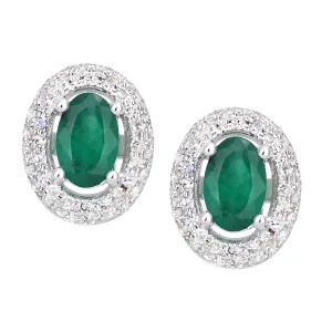 9ct witgouden ovale oorknopjes met diamanten en smaragd