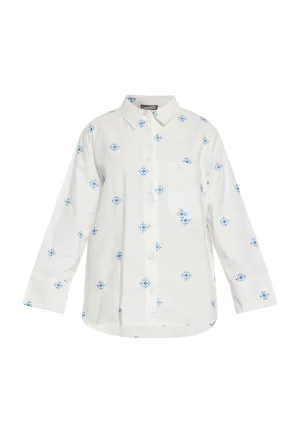 Dreimaster Blouse Dames Wol Wit Blauw