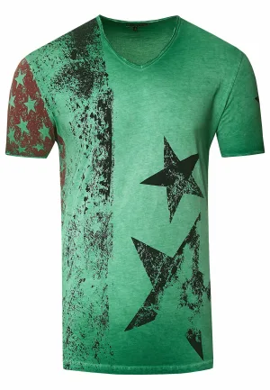 USA T-shirt met sterren en strepen en V-hals in gebruikte look