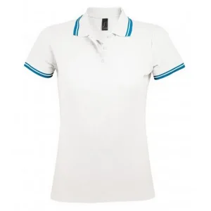 SOLS Dames/dames Pasadena getipt korte mouw Pique Polo Shirt (Wit/Aqua Blauw)