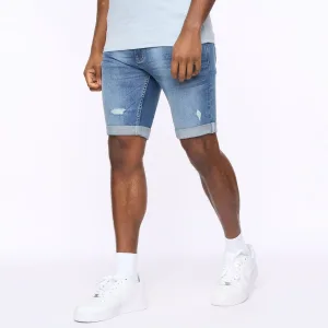 Heren Crosshatch Riptrey Scratch Detail Denim Shorts in Blauw