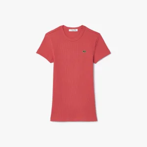 Dames Lacoste Slim Fit Geribd Katoenen T-shirt in Rood