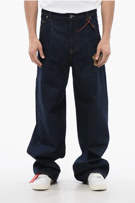 Enkelgeplooide baggy jeans met geborduurd logo, 28 cm, blauw