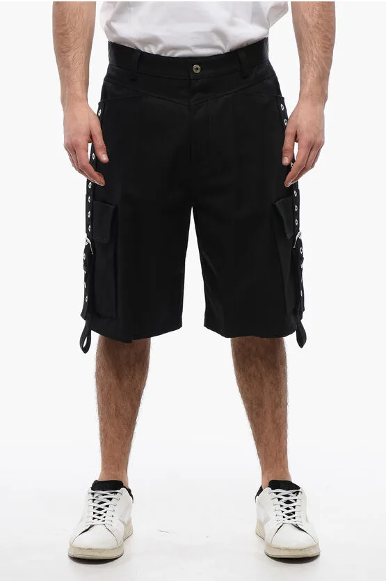 Katoenen cargoshorts met oogjes en gespen in zwart
