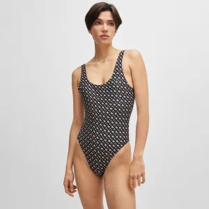 Damesbadpak Boss Mimi met monogrampatroon in zwart