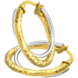 9ct geel- en witgouden diamantgeslepen crossover ovale hoepeloorbellen