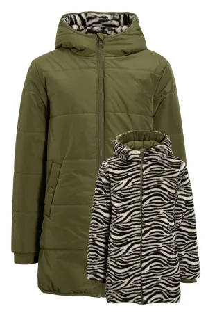 anytime gewatteerde reversible jas zebra/khaki