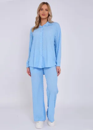 Hemelsblauw gestructureerd oversized shirt met lange mouwen