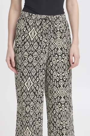 ICHI linnen wide leg casual broek zwart