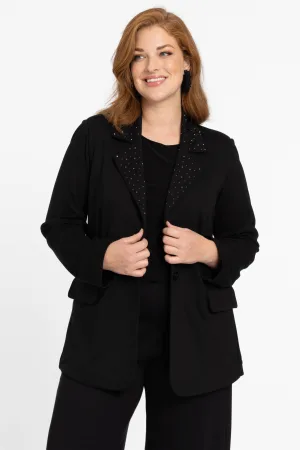 YOEK rechtvallende blazer met all over print en strass steentjes zwart