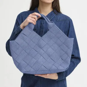 ICHI gevlochten denim handtas IALINDA blauw