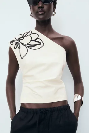 Mango one shoulder top ecru