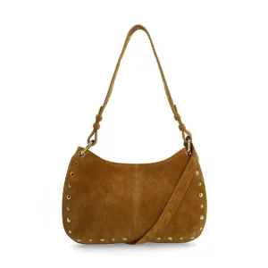 Manfield suede schoudertas met studs cognac