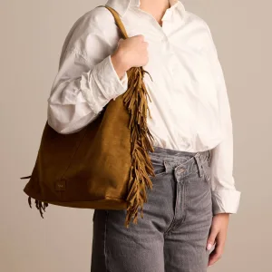 Manfield suede schoudertas met franjes cognac