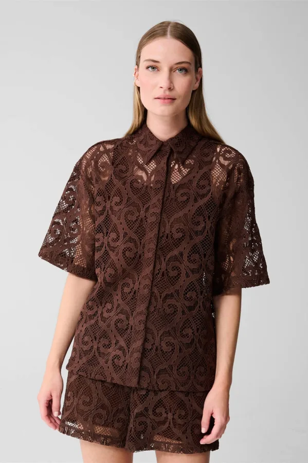 Shoeby kanten blouse donkerbruin