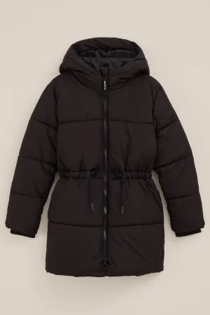 WE Fashion – Meisjes Lange gewatteerde jas met capuchon – Regular fit – Zwart –