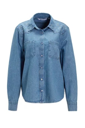 anytime denim blouse met strass steentjes blauw