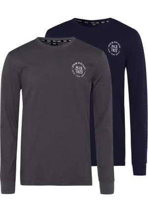 H.I.S Shirt met lange mouwen Lange mouwen, bedrukt, ronde hals, van 100% katoen (2-delig, Set van 2)