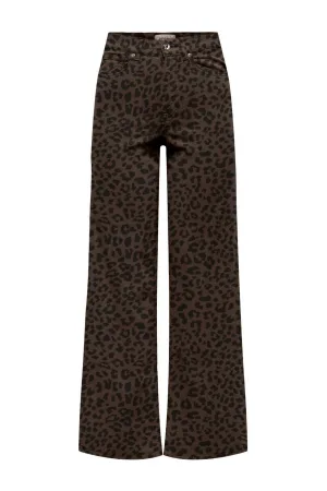 ONLY high waist wide leg jeans panterprint donkerbruin/zwart