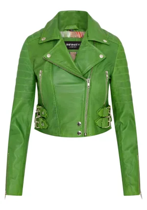 Dames appelgroene cropped Brando leren bikerjack – Damascus