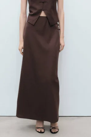 Mango linnen midi rok donkerbruin