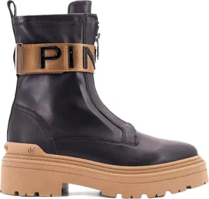 Pinko Boots – Stretch Leather Biker Lace-Up With Gold Buckle in zwart