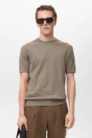 Mango Man linnen T-shirt rib gebreid olijfgroen