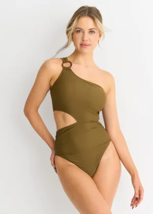 Olijf Eén Schouder Ring Detail Uitgesneden Zwempak