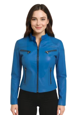 Dames blauw casual slim-fit leren bikerjack – Tulsa