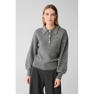 Shoeby pullover met wol grijs melange met parels