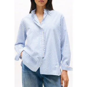 Tommy Hilfiger Seersucker Ruffle Loose Fit Shirt, Striped/blue