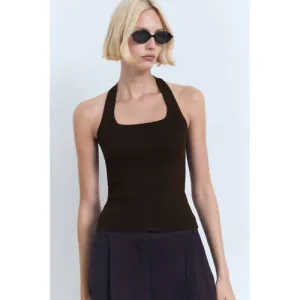 Mango top donkerbruin rib gebreid