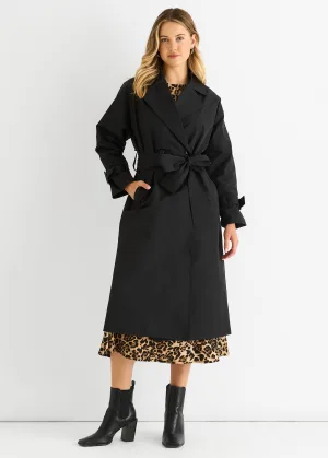 Zwarte longline Trenchcoat met dubbele borst en riem