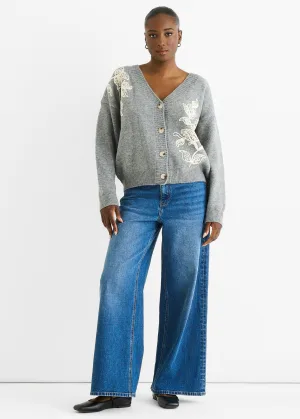 Grijze Floral Appliqué Wolmix Cardigan