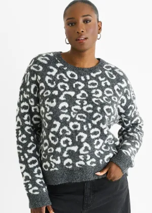 Grijze trui met dierenprint en losse pasvorm