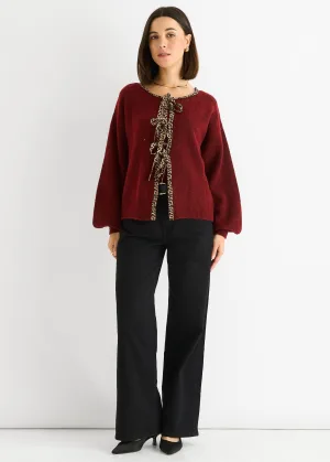 Bordeaux Contrast Dieren Stropdas Oversized Gebreide Cardigan