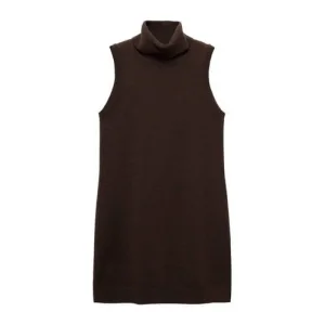 Mango wollen jurk met col gebreid donkerbruin
