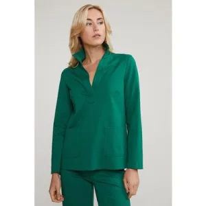 River Woods Green V-neck Blouse Applied Pockets