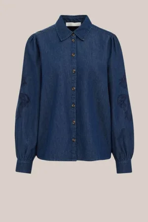 WE Fashion – Dames denim blouse met embroideries – Regular fit – Donkerblauw – Katoen –