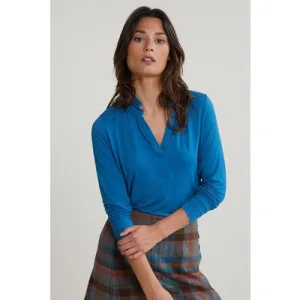 River Woods Petrol V-neck T-shirt Ruffle Collar