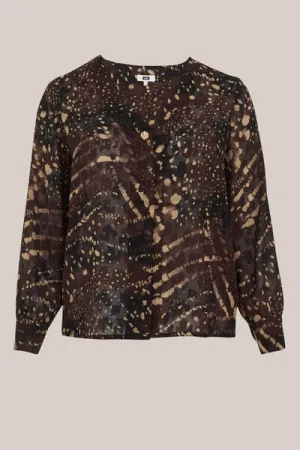 WE Fashion – Dames blouse met structuur – Curve – Regular fit – Donkerbruin –  Plus Size