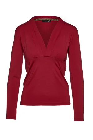 Wijnrode imitatiewikkeltop met lange mouwen van duurzame stretchjersey.