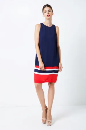Mouwloze Blauwe Jurk met Multicolour Paneel Detail