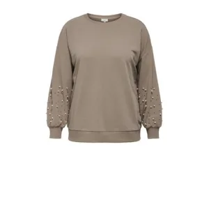 ONLY CARMAKOMA sweater grijsbruin met parels