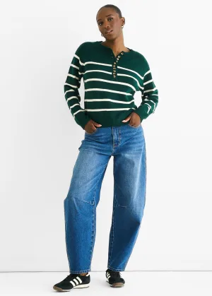 Groene Recycle Stripe Knopen Losvallende Gebreide Trui