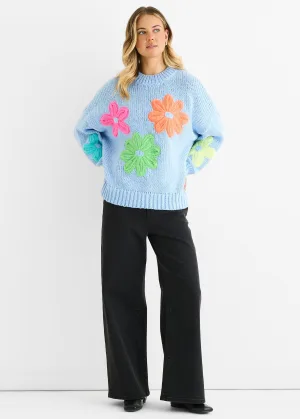 Blauwe Bloemen Haak Dikke Gebreide Oversized Trui