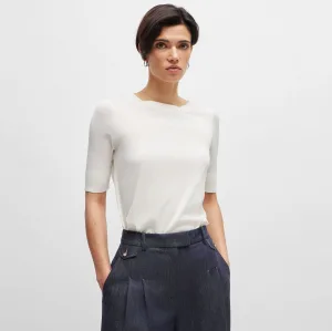 Damestop Boss Eleanza Korte Mouw Zijden Top in Wit