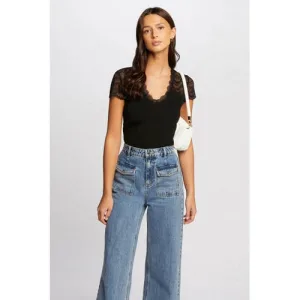 Morgan ribgebreide top met kant zwart